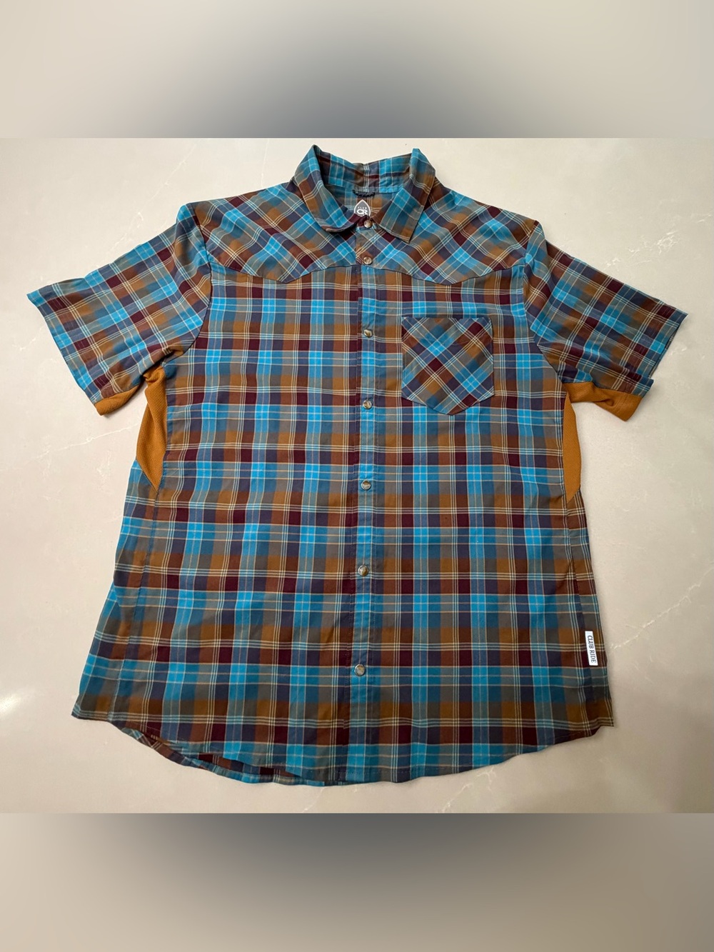 Club Ride New West Plaid Pearl Snap MTB Trail Shirt S/S Blue Orange Men's XL
